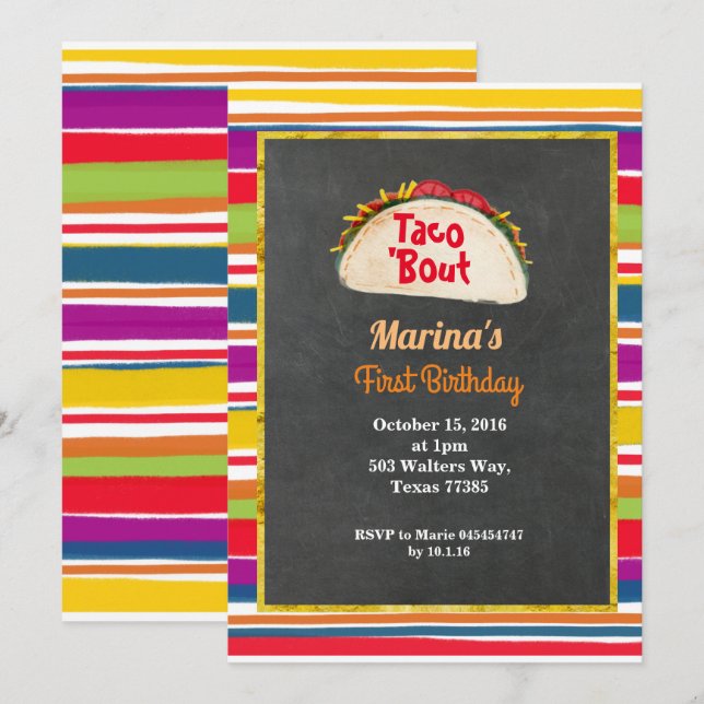 Taco party Mexican 1st Birthday Party Chalkboard Invitation (Front/Back)