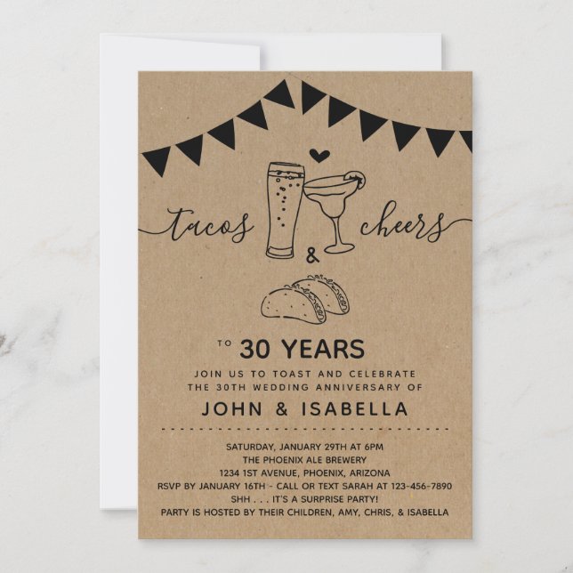 Taco Tequila Cheers & Beers Wedding Anniversary Invitation (Front)