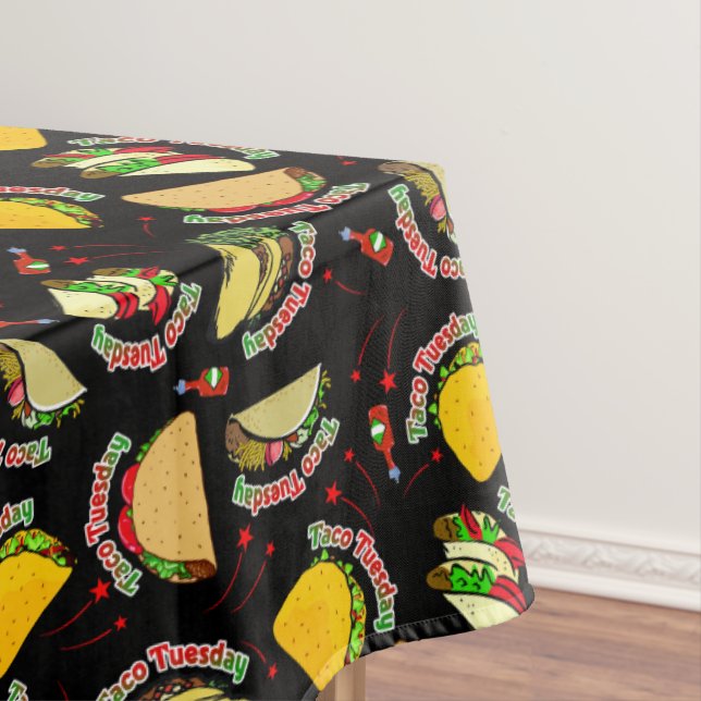 Taco Tuesday Hard and Soft Tacos Hot Sauce Black Tablecloth (In Situ)