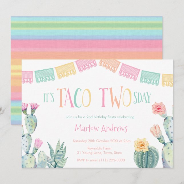 Taco Two-sday 2nd Birthday Party Fiesta For Girl Invitation (Front/Back)