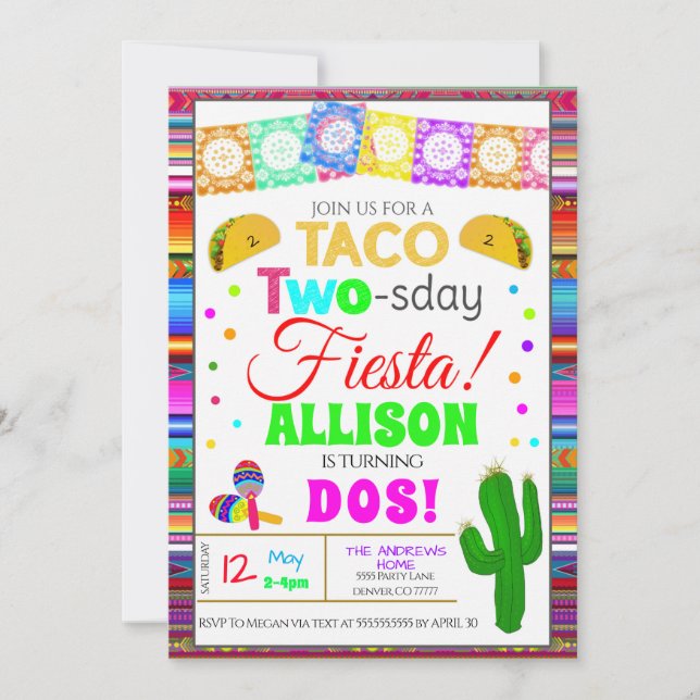 Taco TWO-sday Second Birthday Fiesta Invitation (Front)
