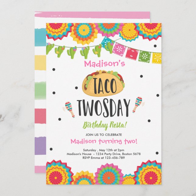Taco Twosday Birthday Fiesta 2nd Birthday Party In Invitation (Front/Back)
