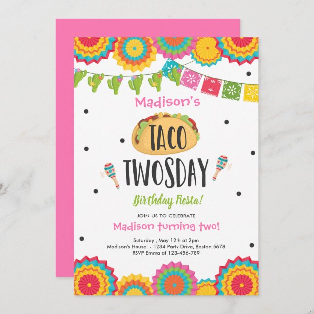 Taco Twosday Birthday Fiesta 2nd Birthday Party  Invitation (Front/Back)