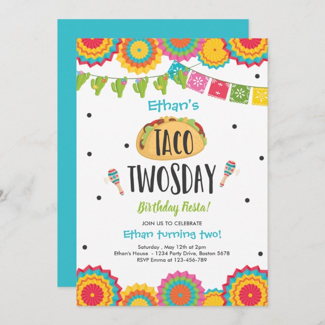 Taco Twosday Birthday Fiesta 2nd Birthday Party Invitation (Front/Back)