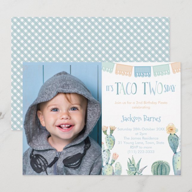 Taco TWOsday Boy 2nd Birthday Party Picture Invitation (Front/Back)
