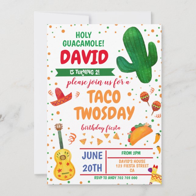 Taco Twosday Boy Birthday Fiesta Cactus Mexican Invitation (Front)