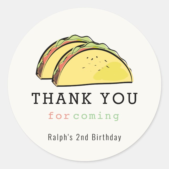 Taco Twosday Cream 2nd Birthday Thank You Classic Round Sticker (Front)