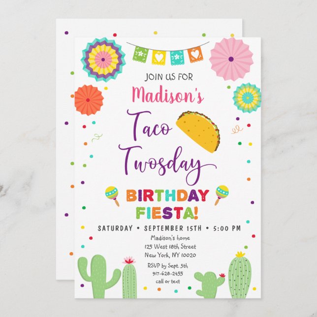 Taco Twosday Fiesta Cactus Birthday Invitation (Front/Back)