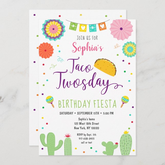 Taco Twosday Fiesta Cactus Birthday Invitation (Front/Back)