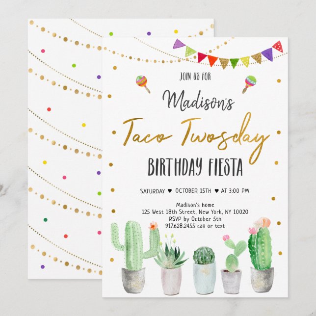 Taco Twosday Gold Fiesta Birthday Invitation (Front/Back)