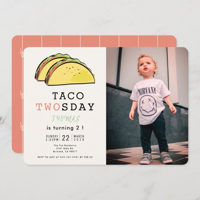 Taco Twosday Mexican Fiesta Photo 2nd Birthday Invitation (Front/Back)