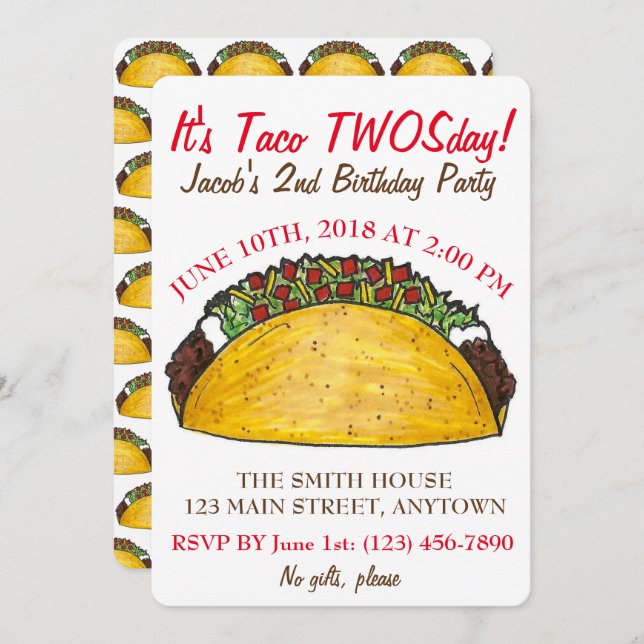 Taco TWOSday Tuesday 2nd Birthday Party Fiesta Invitation (Front/Back)
