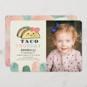 Taco Twosday Tuesday Kawaii 2nd Birthday Photo Invitation