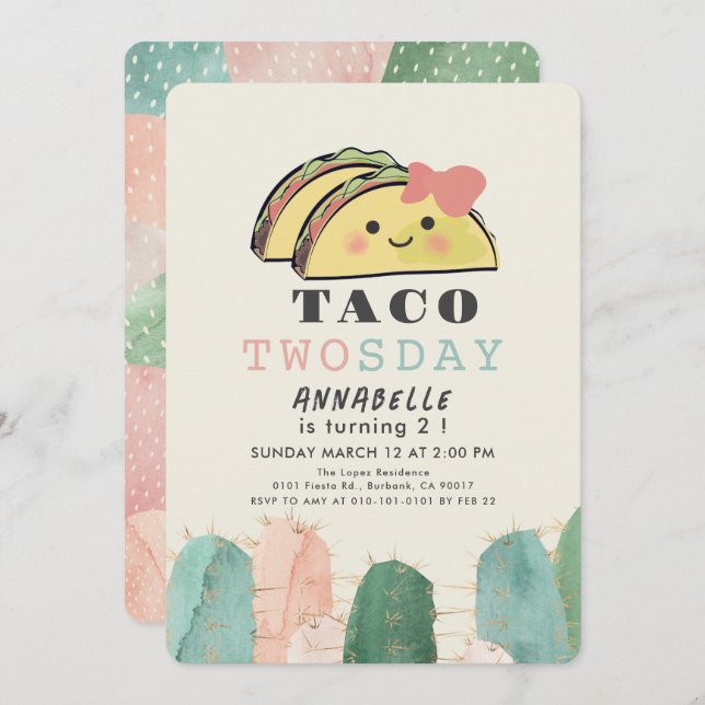 Taco Twosday Tuesday Kawaii Girl 2nd Birthday Invitation (Front/Back)