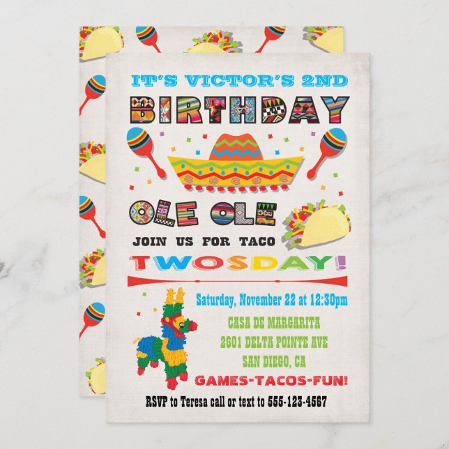 Taco Twosday Tuesday Mexican Fiesta 2nd Birthday Invitation (Front/Back)