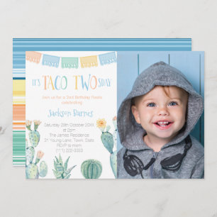 Taco TWOsday Yellow Blue 2nd Birthday Party Photo Invitation
