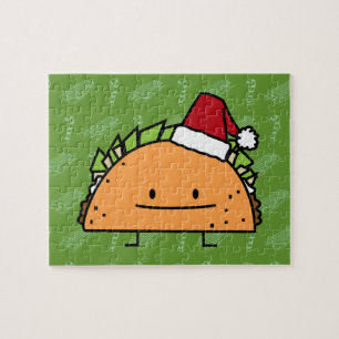 Taco wearing Santa Hat Christmas shell meat salsa Jigsaw Puzzle