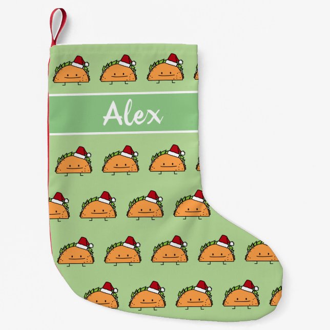 Taco wearing Santa Hat Christmas shell meat salsa Small Christmas Stocking (Front)