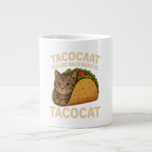 TACOCAT SPELLED BACKWARD IS...- Love Cat And Taco Large Coffee Mug (Front)