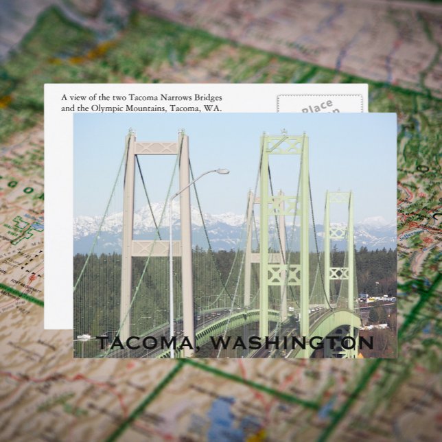 Tacoma Narrows Bridges Travel Photo Postcard (In Situ Map)