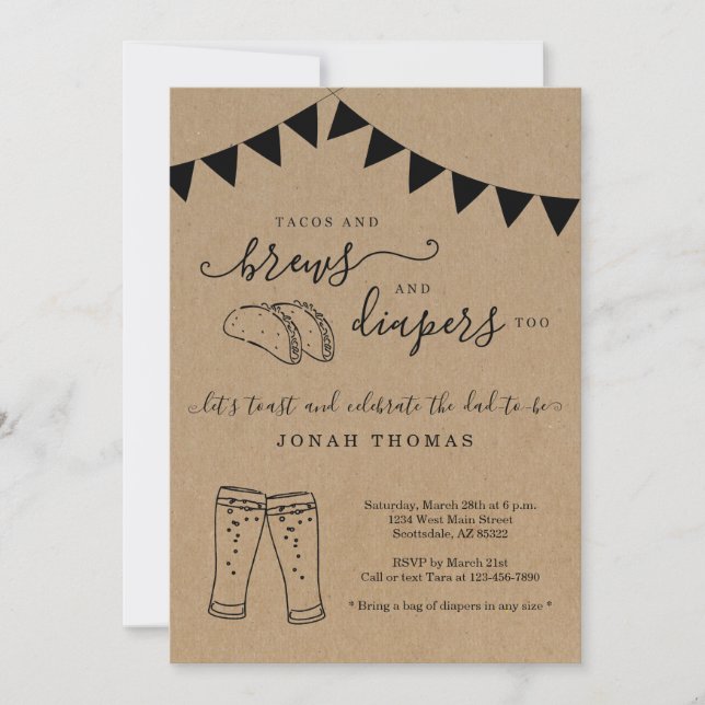 Tacos and Brews and Diapers Too Men's Baby Shower Invitation (Front)