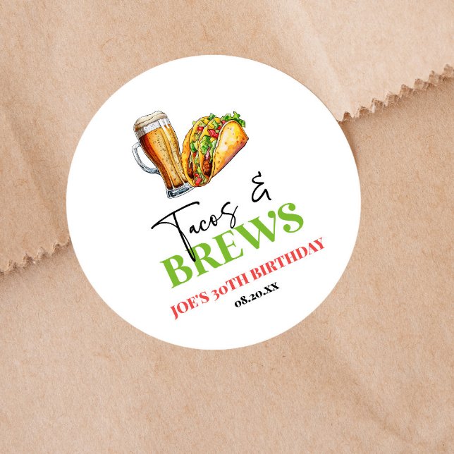 Tacos and Brews Beer Glass Birthday Party Classic Round Sticker (Creator Uploaded)