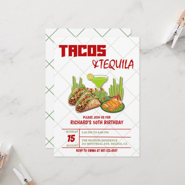 Tacos and Tequila 50th Mexican Adult Birthday Invitation (Front/Back In Situ)