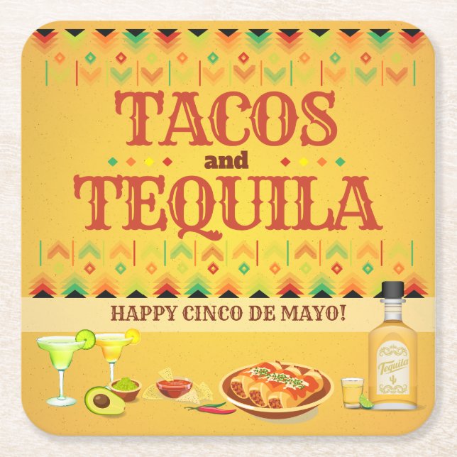Tacos and Tequila Cinco de Mayo Fiesta Party Square Paper Coaster (Front)