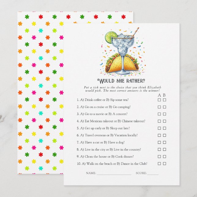 Tacos and Tequila Party "Would She Rather?" Game Invitation (Front/Back)