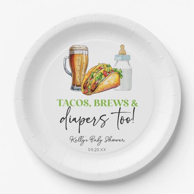 Tacos Brews and Diapers Too! Baby Shower Paper Plate (Front)