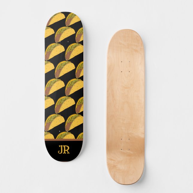 Tacos Patterned Black Skateboard (Front)