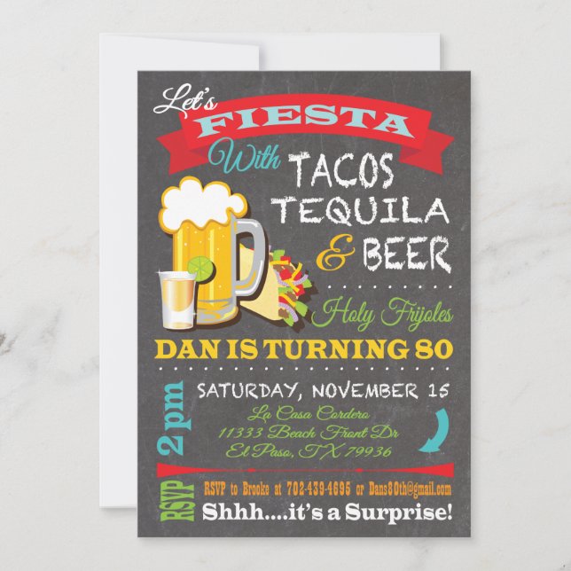 Tacos, Tequila and Beer for Dan Invitation (Front)