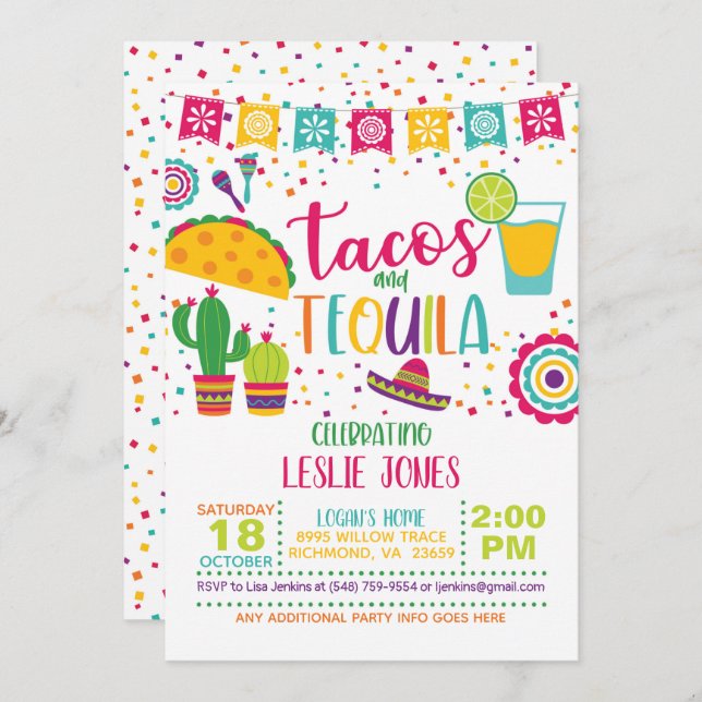 Tacos & Tequila Birthday Invitation - Wh (Front/Back)