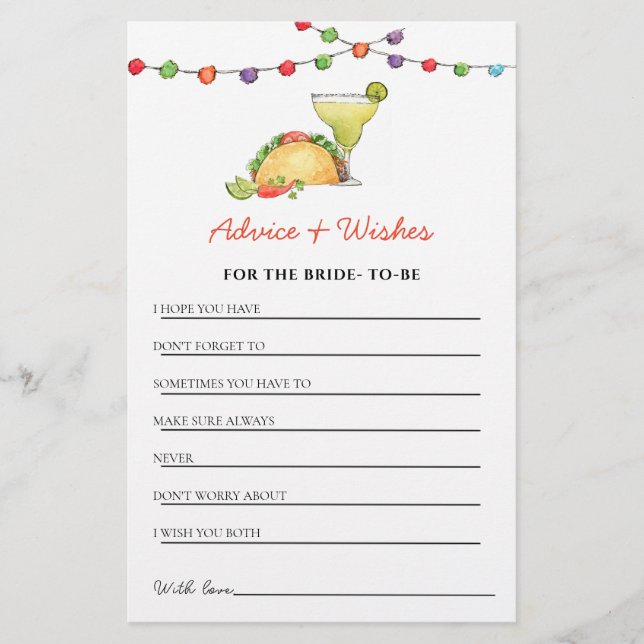 Tacos &  Tequila Fiesta shower Advice & Wishes  (Front)