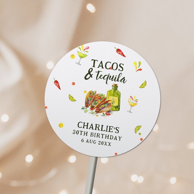 Tacos & Tequila Fun Summer Tropical Birthday Classic Round Sticker (Creator Uploaded)