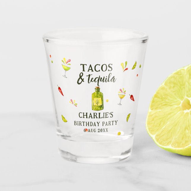 Tacos & Tequila Fun Summer Tropical Birthday Party Shot Glass (Front)
