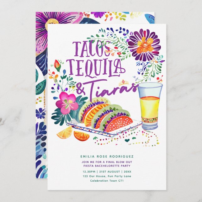 Tacos Tequila Tiaras Last Fiesta Bachelorette Invitation (Front/Back)
