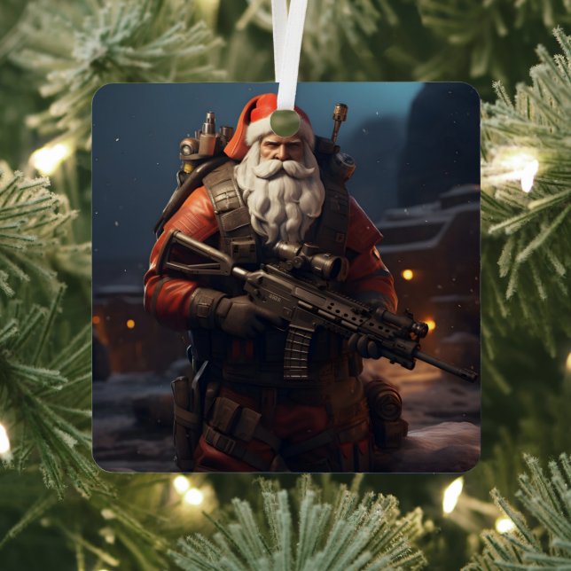 Tactical Santa Claus holiday Metal Tree Decoration (Insitu)
