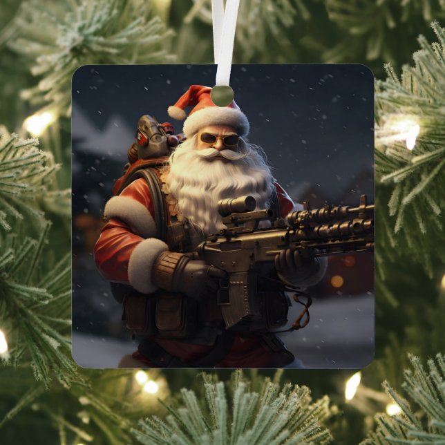 Tactical Santa Claus holiday Metal Tree Decoration (Insitu)