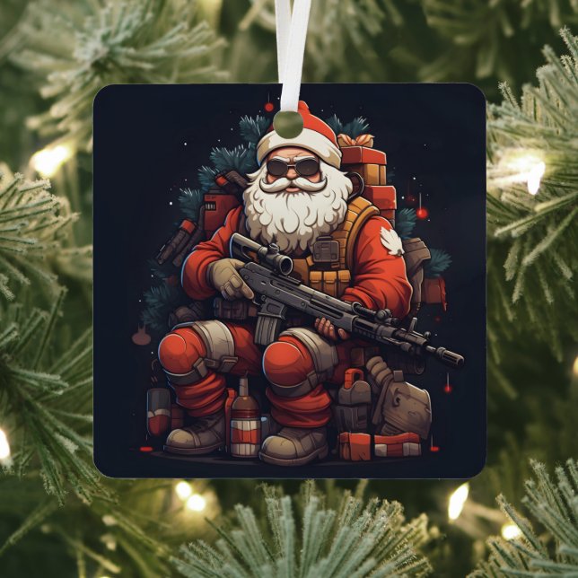 Tactical Santa Claus holiday Metal Tree Decoration (Insitu)