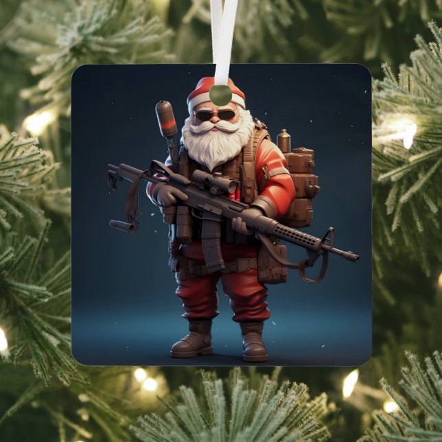 Tactical Santa Claus holiday Metal Tree Decoration (Insitu)