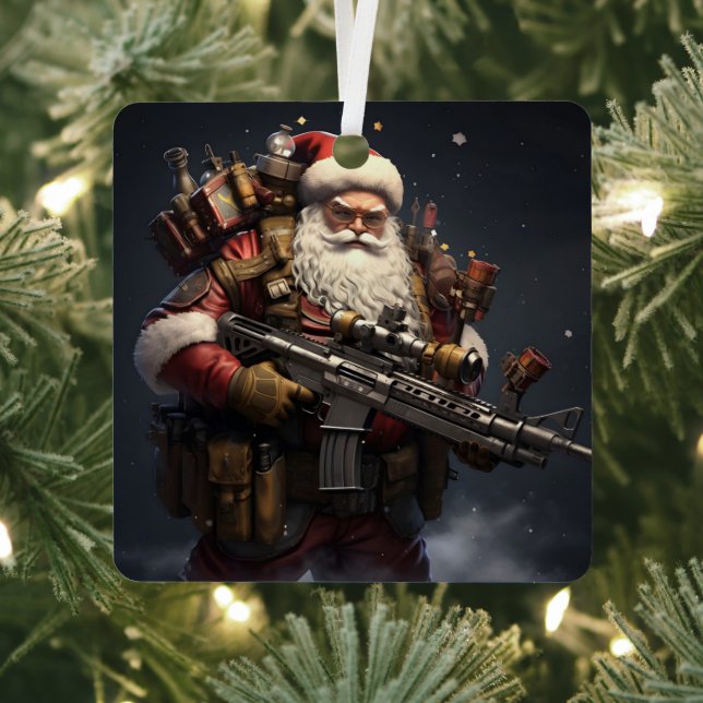 Tactical Santa Claus holiday Metal Tree Decoration (Insitu)