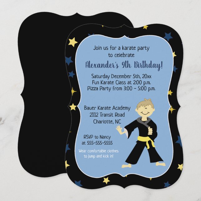 Tae Kwon Do Birthday Invitations Yellow Belt Boy (Front/Back)