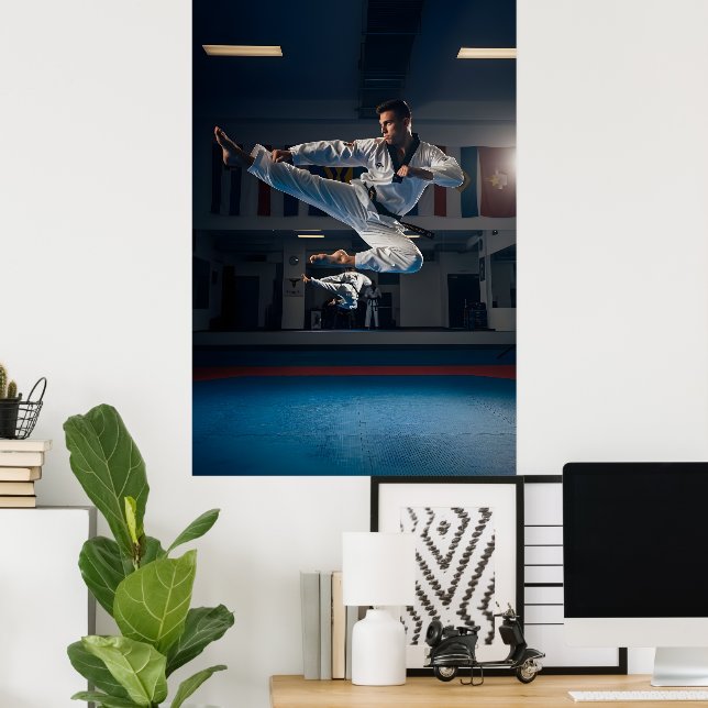 Taekwondo Athlete Performing Flying Sidekick Poster (Home Office)