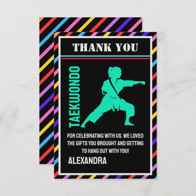 Taekwondo Birthday Party, Taekwondo Girl Player  Thank You Card (Front/Back)