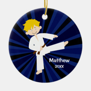 Taekwondo Brown Belt Blonde Boy Personalised Ceramic Ornament