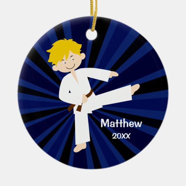 Taekwondo Brown Belt Blonde Boy Personalised Ceramic Ornament (Front)