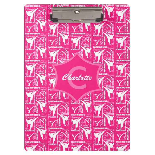 Taekwondo Cute Pink White Girly Monogrammed Clipboard (Front)