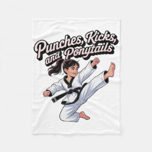 Taekwondo Girl Black Belt Punches Kicks Ponytails Fleece Blanket