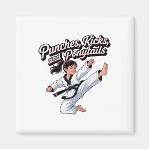 Taekwondo Girl Black Belt Punches Kicks Ponytails Magnet